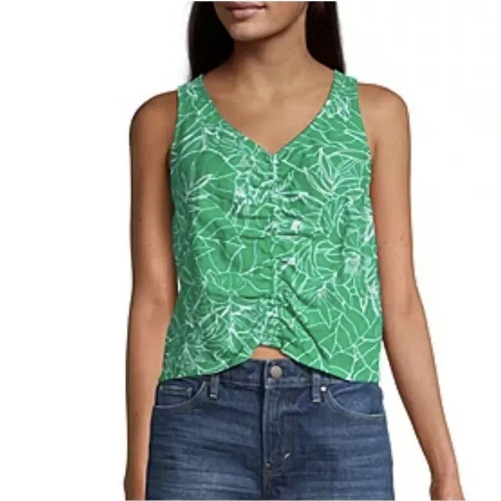 NWT A.N.A Sleeveless Tank Top Vibrant Green Leaf Pattern V Neck Blouse Sz L